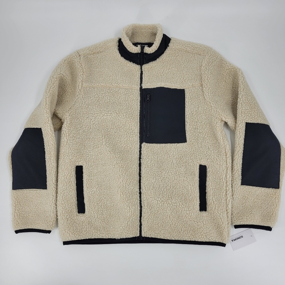 Sonoma Jacket Mens Size Medium Super Soft Sherpa Fleece Oatmeal Black NEW - Picture 1 of 17